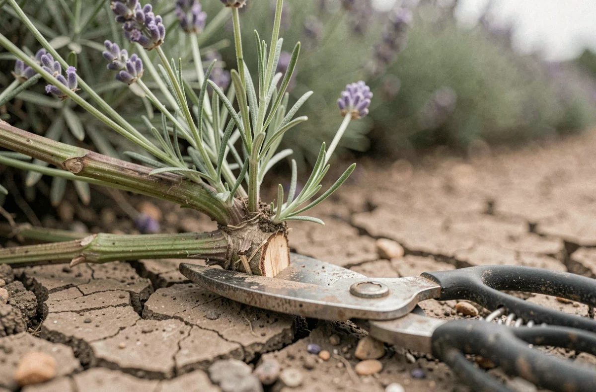 Gros plan sur la coupe d'une tige de lavande au bon endroit avec des ciseaux de jardin rouillés, massif de lavande en rang et terre sèche en arrière-plan