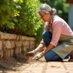 Femme examinant les racines d'un laurier rose envahissant un mur mitoyen dans un jardin provençal