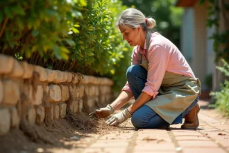 Femme examinant les racines d'un laurier rose envahissant un mur mitoyen dans un jardin provençal