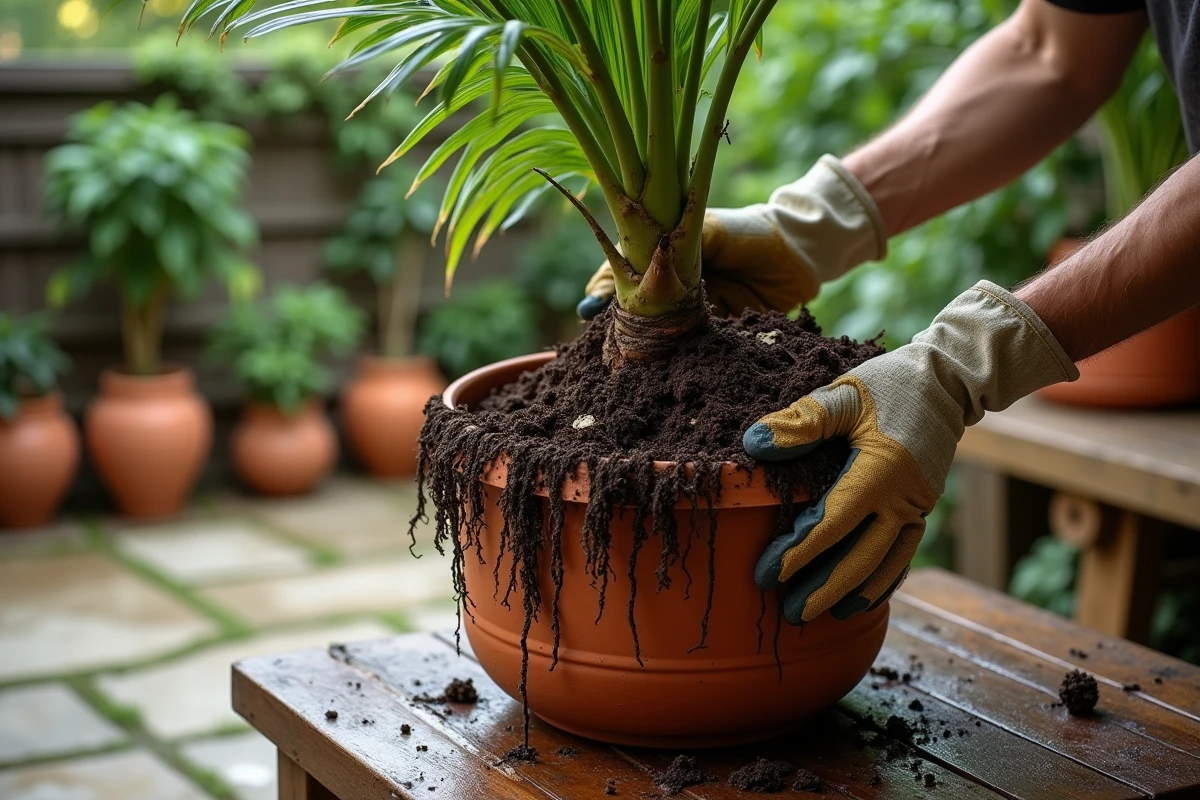 Mains gantées retirant un palmier d'un pot pour inspecter les racines endommagées par un excès d'arrosage