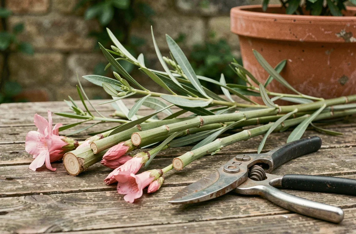 Rameaux de laurier rose coupés avec sécateurs posés sur une table en bois de jardin après la taille estivale