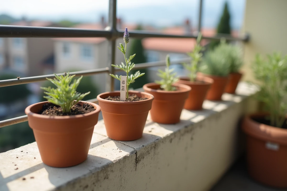 Rangée de pots en terracotta avec des boutures de lavande sur une balustrade de balcon
