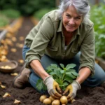 Femme jardinière récoltant des pommes de terre après fanaison des feuilles dans un potager