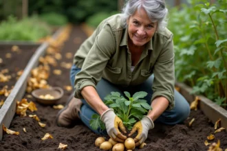 Femme jardinière récoltant des pommes de terre après fanaison des feuilles dans un potager