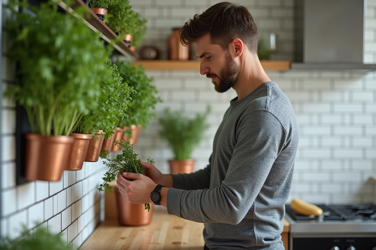Homme récoltant du thym frais sur un mur de plantes aromatiques dans une cuisine maison