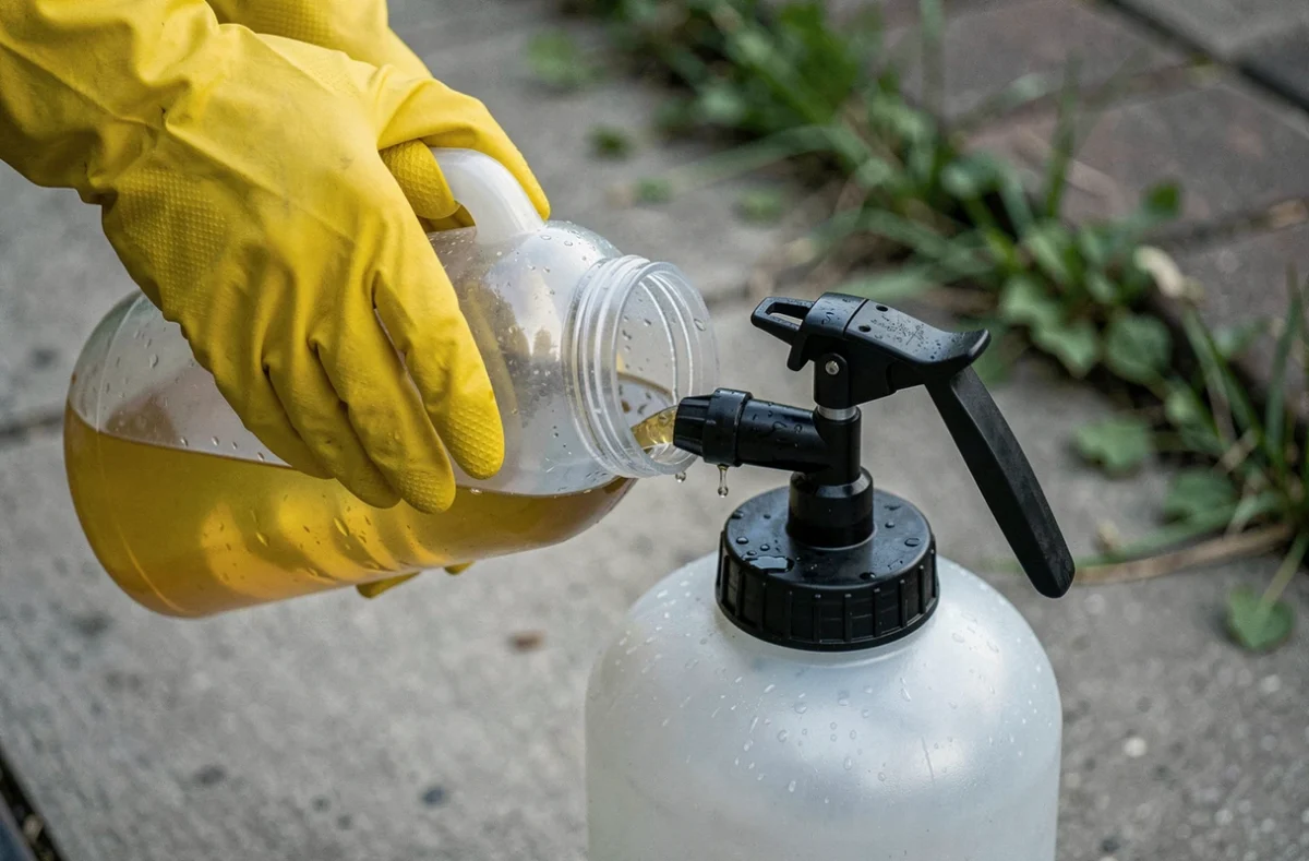 Mains gantées versant la solution de Roundup dosée dans un pulvérisateur d'un litre sur une terrasse extérieure