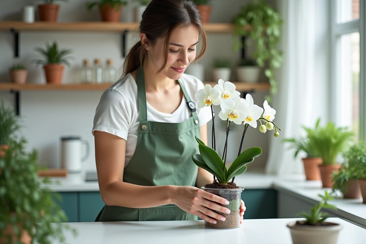 Jeune femme rempotant une orchidée Phalaenopsis dans un mélange de sphaigne et écorce dans une cuisine scandinave