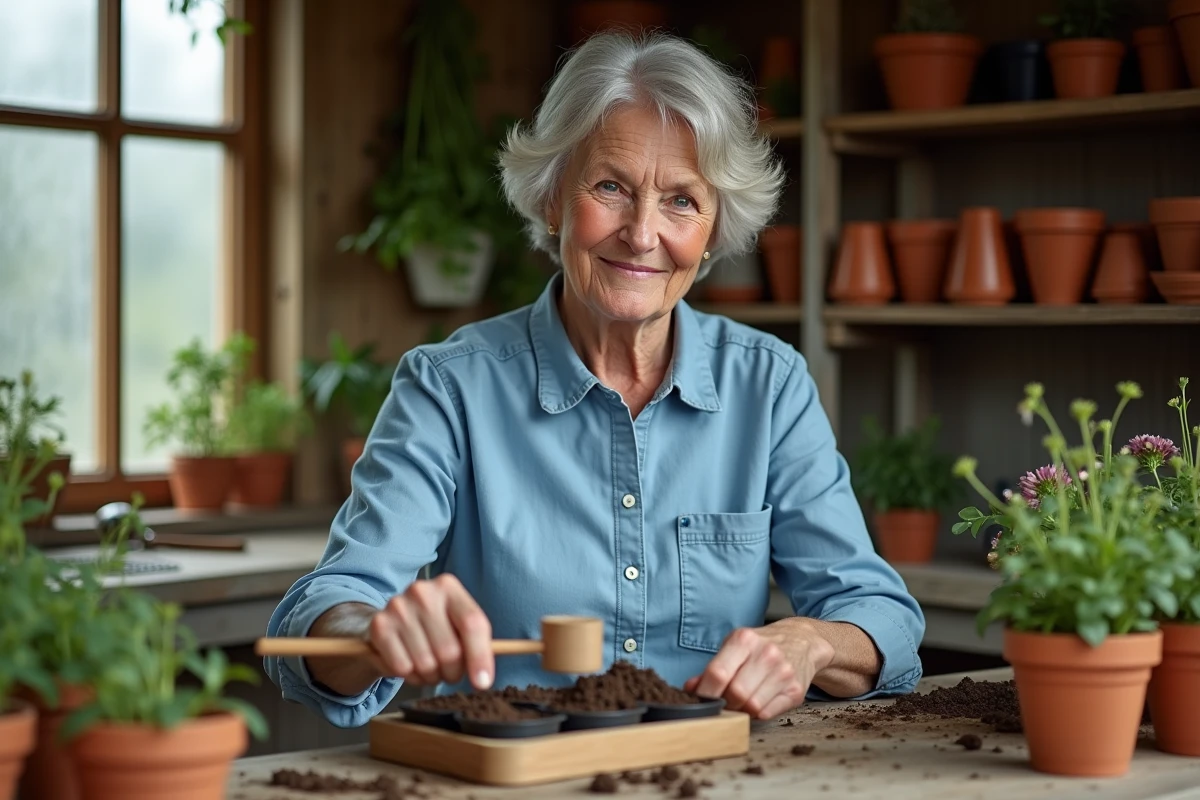 Femme repiquant des plants de lisianthus en godets biodégradables dans un abri de jardin