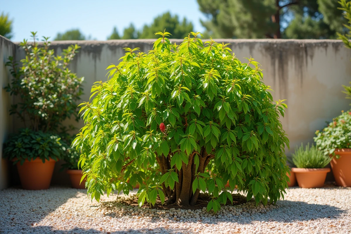 Arbre à crevette en pleine reprise végétative après taille dans un jardin méditerranéen avec gravier et mur en calcaire