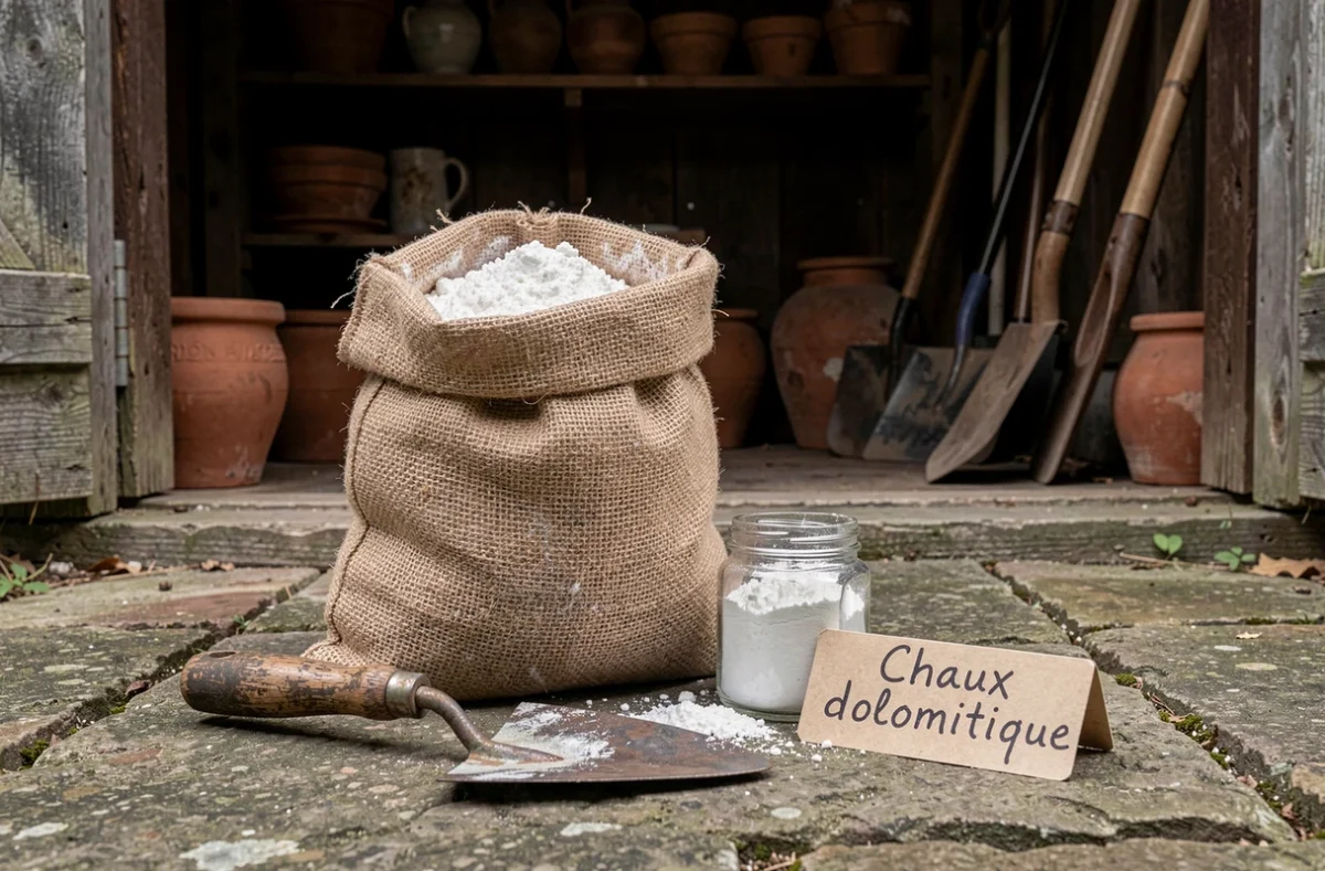 Sac de chaux dolomitique ouvert avec truelle et étiquette manuscrite dans une remise de jardin