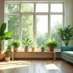 Salon moderne avec grandes fenêtres et plantes vertes lumineuses