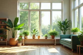 Salon moderne avec grandes fenêtres et plantes vertes lumineuses