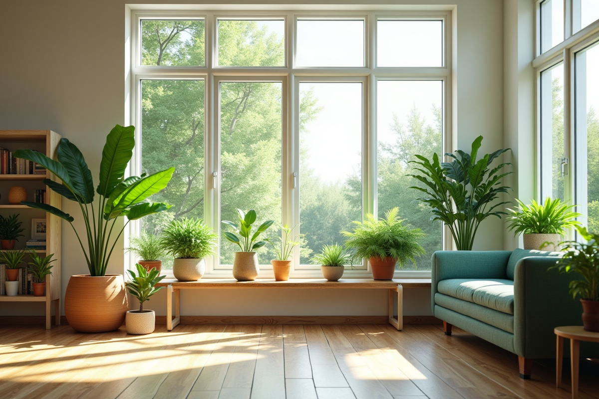 Salon moderne avec grandes fenêtres et plantes vertes lumineuses