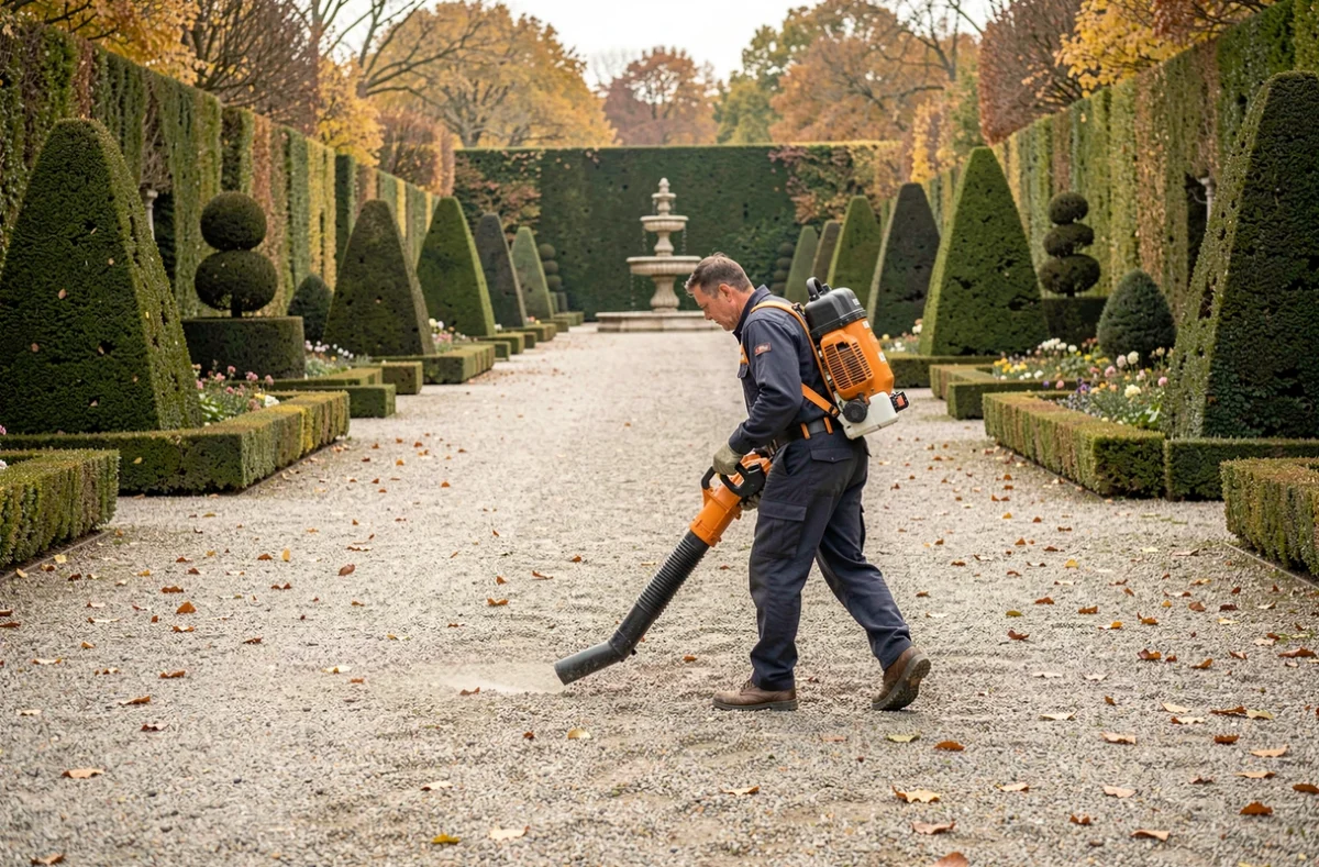 Agent Saturne Services nettoyant les allées d'un jardin formel à la française à l'automne