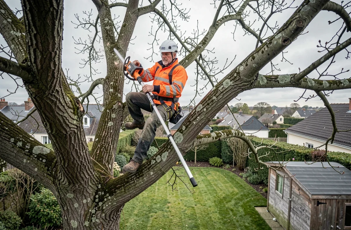 Arboriste Schatz Élagage en action dans un grand arbre lors d'une intervention d'élagage en banlieue parisienne