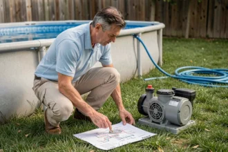 Homme examinant le schéma de branchement d'une pompe de piscine Intex dans un jardin