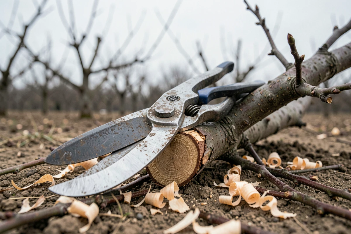 Sécateurs posés sur une branche de prunier taillée avec des copeaux de bois au sol dans un verger en hiver