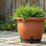 Grand pot de fleur extérieur de 100 cm en terre cuite sécurisé avec des sangles et des ancres métalliques sur une terrasse en pierre