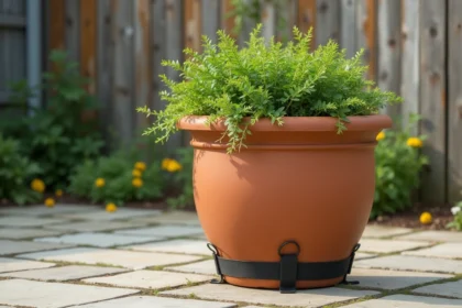 Grand pot de fleur extérieur de 100 cm en terre cuite sécurisé avec des sangles et des ancres métalliques sur une terrasse en pierre