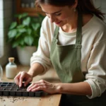 Femme semant des graines de lisianthus dans des plaques de semis sur un rebord de fenêtre de cuisine
