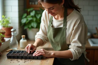 Femme semant des graines de lisianthus dans des plaques de semis sur un rebord de fenêtre de cuisine