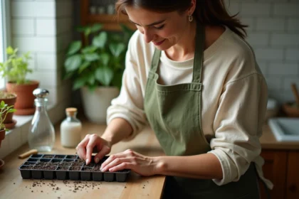 Femme semant des graines de lisianthus dans des plaques de semis sur un rebord de fenêtre de cuisine