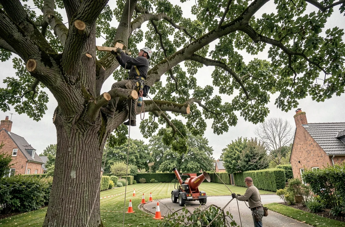 Arboriste de Soins Modernes des Arbres effectuant une taille de réduction en hauteur dans un chêne