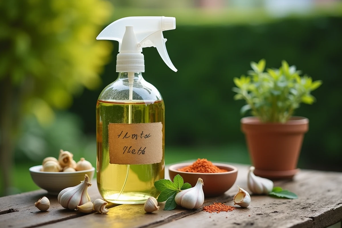 Flacon de solution naturelle maison pour traiter les chenilles vertes de papillon, entouré d'ingrédients biologiques sur une table de jardin en bois