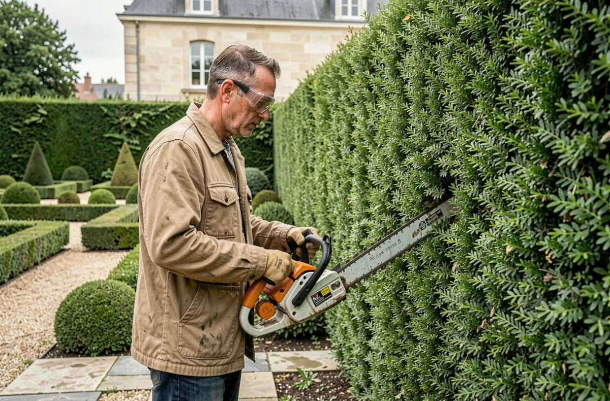 Technicien Souchard Espace Vert taillant une haie d'arbres en alignement dans un jardin résidentiel structuré