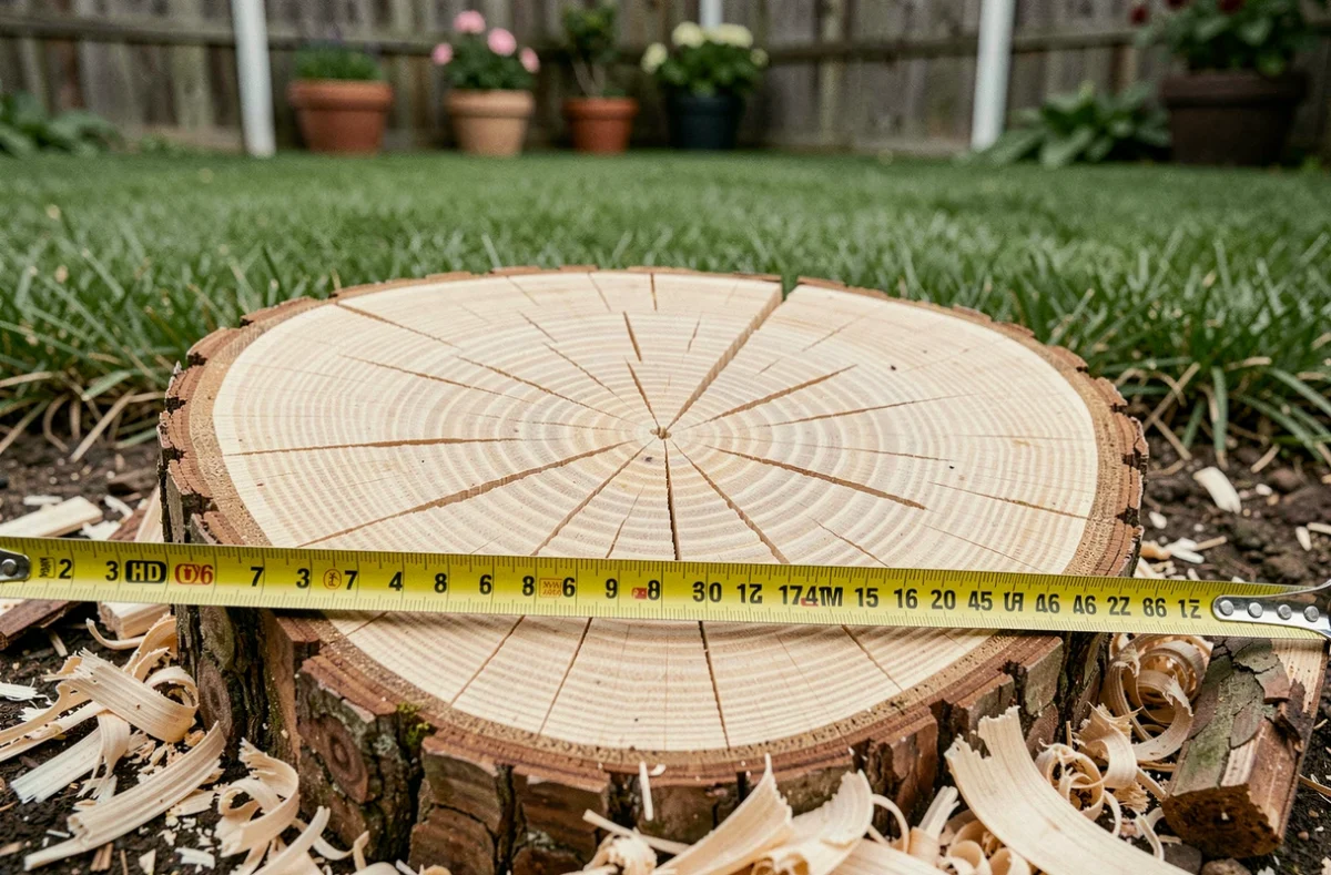Gros plan d'une souche d'arbre fraîchement coupée avec les anneaux de croissance visibles dans un jardin
