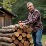 Homme d'âge moyen empilant du bois dans le jardin