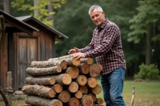 Homme d'âge moyen empilant du bois dans le jardin