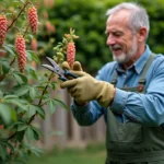 Jardinier taillant un arbre à crevette en fleurs dans un jardin privatif, avec un sécateur et des gants de jardinage