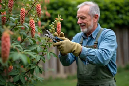 Jardinier taillant un arbre à crevette en fleurs dans un jardin privatif, avec un sécateur et des gants de jardinage
