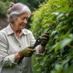 Femme qui taille un laurier avec un sécateur dans un jardin verdoyant