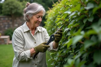 Femme qui taille un laurier avec un sécateur dans un jardin verdoyant