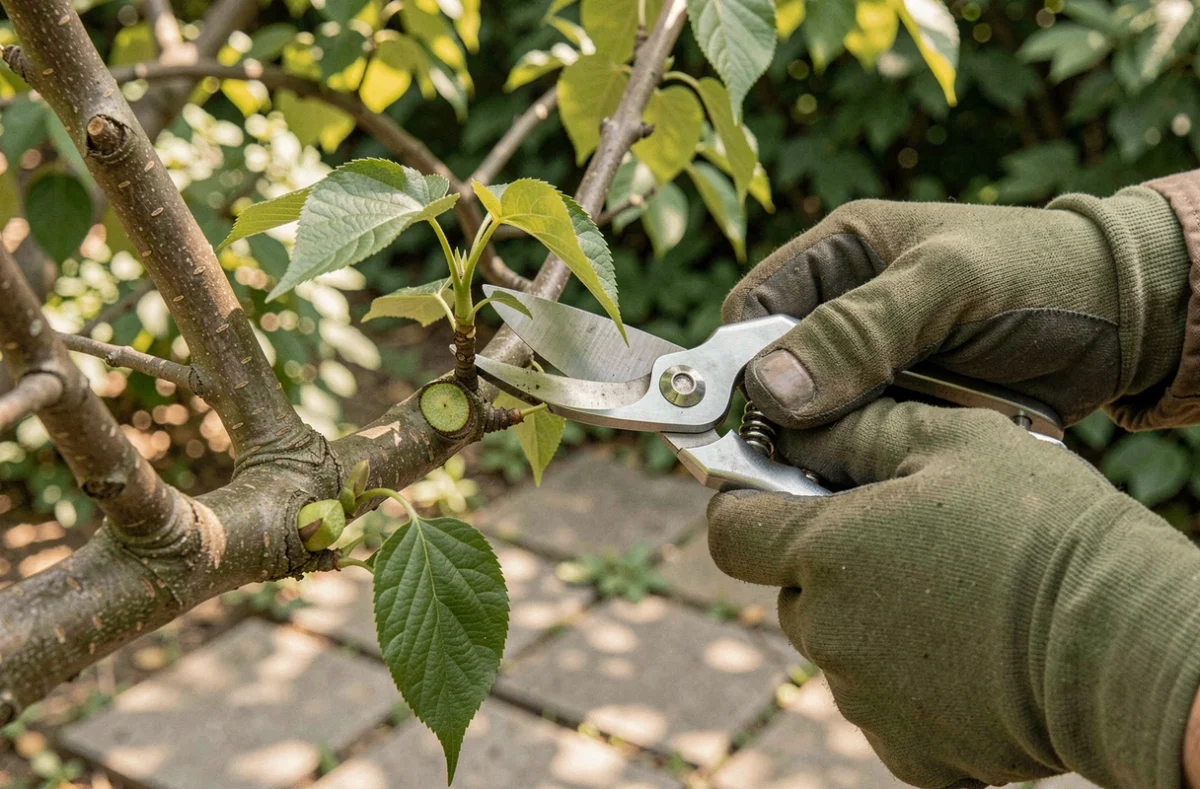 Taille du lilas du Japon avec sécateur, gros plan sur les mains gantées coupant une branche au-dessus d'un nœud foliaire