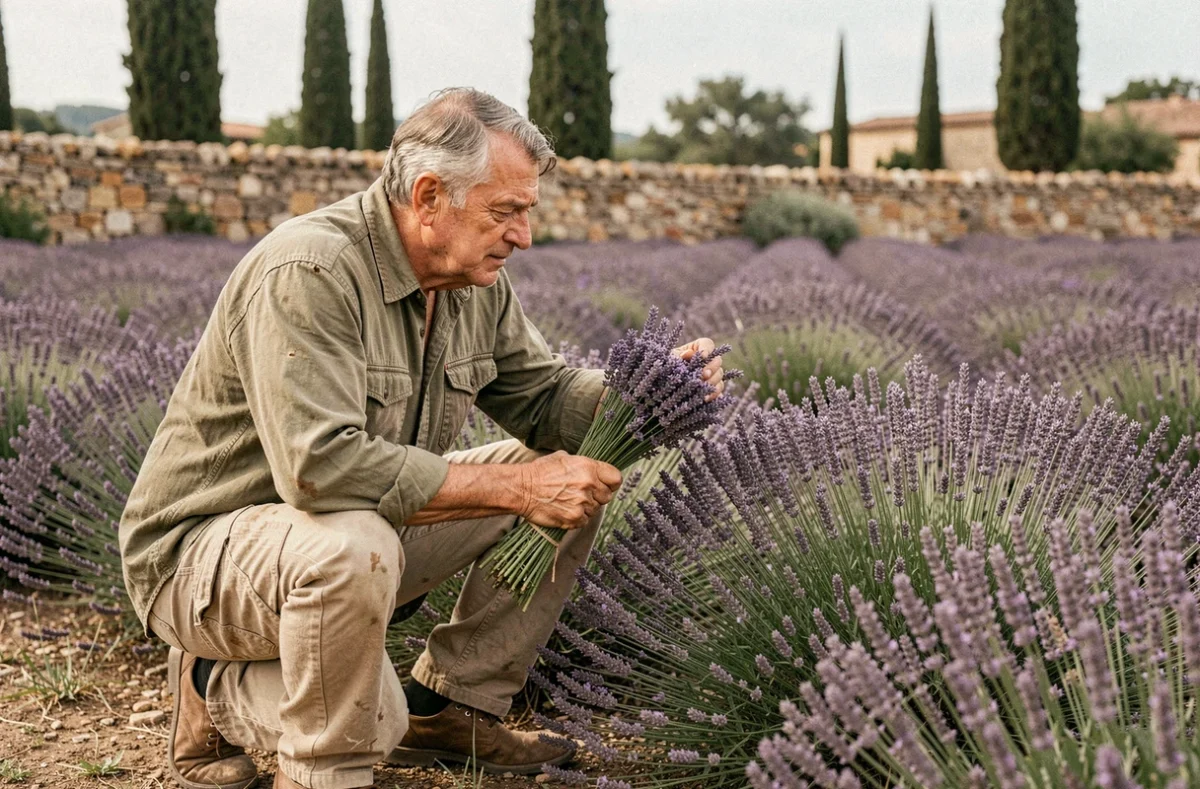 Homme d'âge mûr agenouillé près d'un massif de lavande en Provence, tenant un bouquet de tiges fraîchement coupées, cyprès et muret en pierre en arrière-plan
