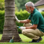 Jardinier injectant un traitement à un palmier dans un jardin privé