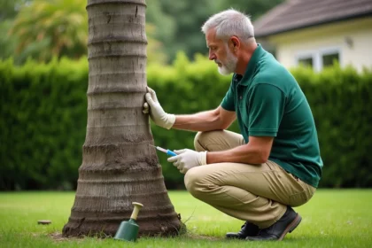 Jardinier injectant un traitement à un palmier dans un jardin privé