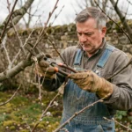Jardinier en salopette taillant un prunier en fin d'hiver avec des sécateurs dans un jardin de campagne français
