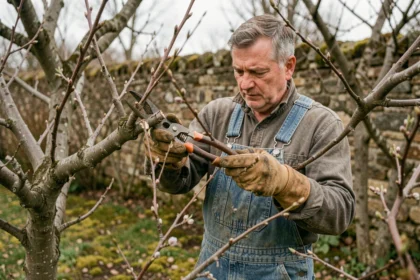 Jardinier en salopette taillant un prunier en fin d'hiver avec des sécateurs dans un jardin de campagne français