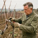 Viticulteur taillant une vigne dormante en hiver dans un vignoble français avec des sécateurs professionnels