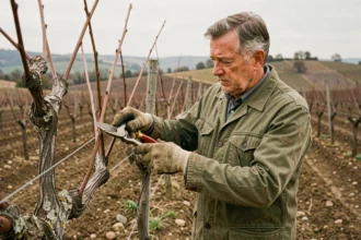 Viticulteur taillant une vigne dormante en hiver dans un vignoble français avec des sécateurs professionnels