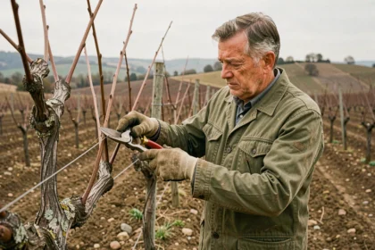 Viticulteur taillant une vigne dormante en hiver dans un vignoble français avec des sécateurs professionnels
