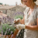 Femme qui taille de la lavande en fleur sur un balcon en pierre avec des cisailles de jardin, pots en terre cuite et village flou en arrière-plan