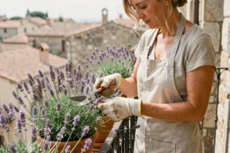 Femme qui taille de la lavande en fleur sur un balcon en pierre avec des cisailles de jardin, pots en terre cuite et village flou en arrière-plan