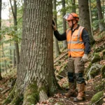 Arboriste professionnel évaluant un grand chêne sur un terrain en pente avant l'abattage, portant équipements de sécurité complets en forêt