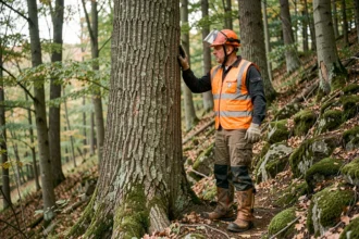Arboriste professionnel évaluant un grand chêne sur un terrain en pente avant l'abattage, portant équipements de sécurité complets en forêt
