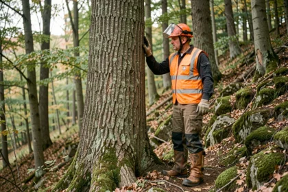 Arboriste professionnel évaluant un grand chêne sur un terrain en pente avant l'abattage, portant équipements de sécurité complets en forêt